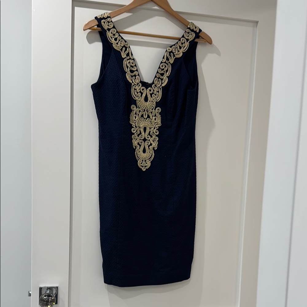 Lilly Pulitzer Blue and Gold Embellished Sheath Mini Dress